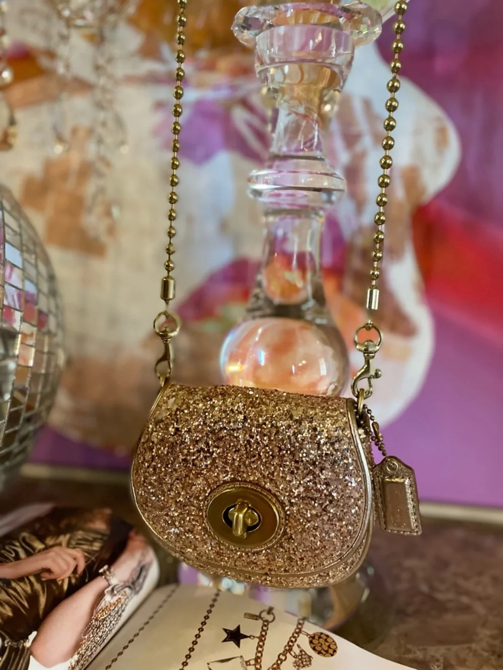 COACH Sparkle Leather Crossbody Gold Glitter Mini Bag Style No 43292 - Picture 3 of 17